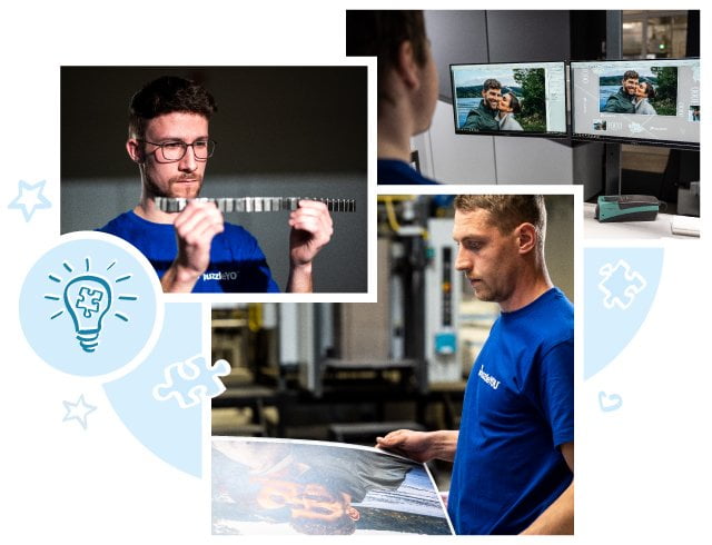 Echtes Handwerk: Unsere Mitarbeiter beim Druck und bei der Entwicklung der Puzzlestanzen.