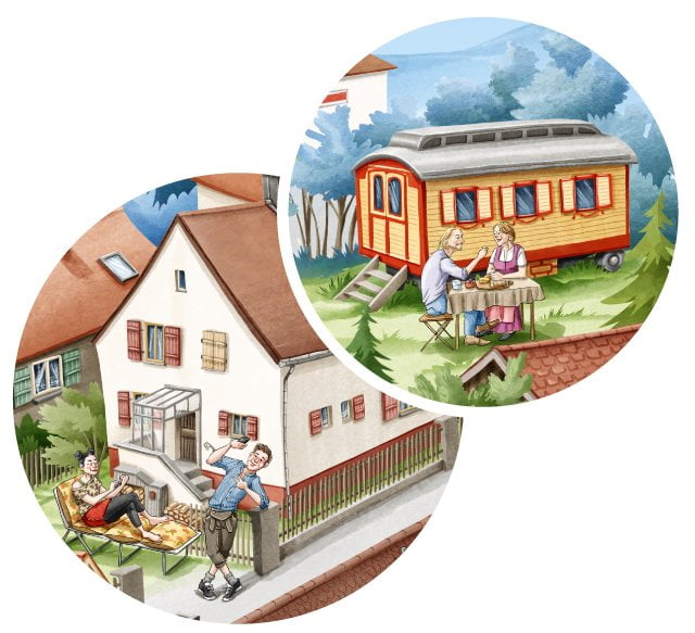 Viele Details auf dem puzzleYOU Wimmelbild von Lansing aus Dahoam is Dahoam