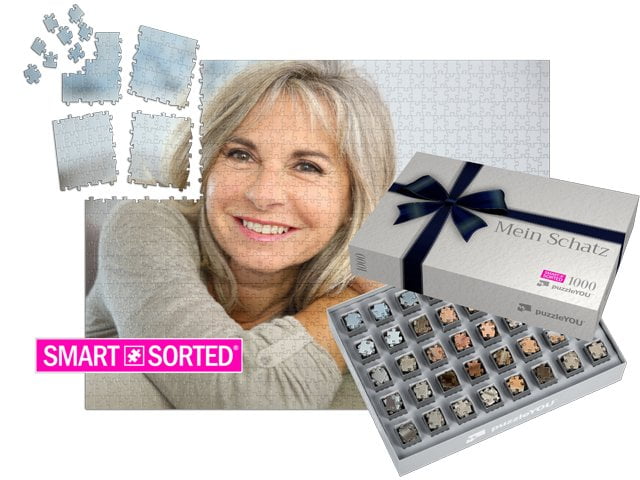 Überraschungspuzzle zum Valentinstag - Geschenkschachtel Geschenkschleife (blau)