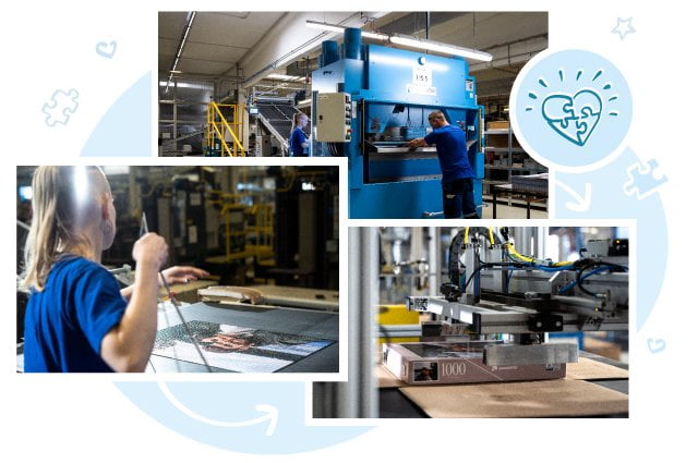 Jedes einzelne der von unseren Kunden personalisierten Puzzles und Spiele werden mit Präzisionsmessern gestanzt und in individuell gestalteten Schachteln verpackt.